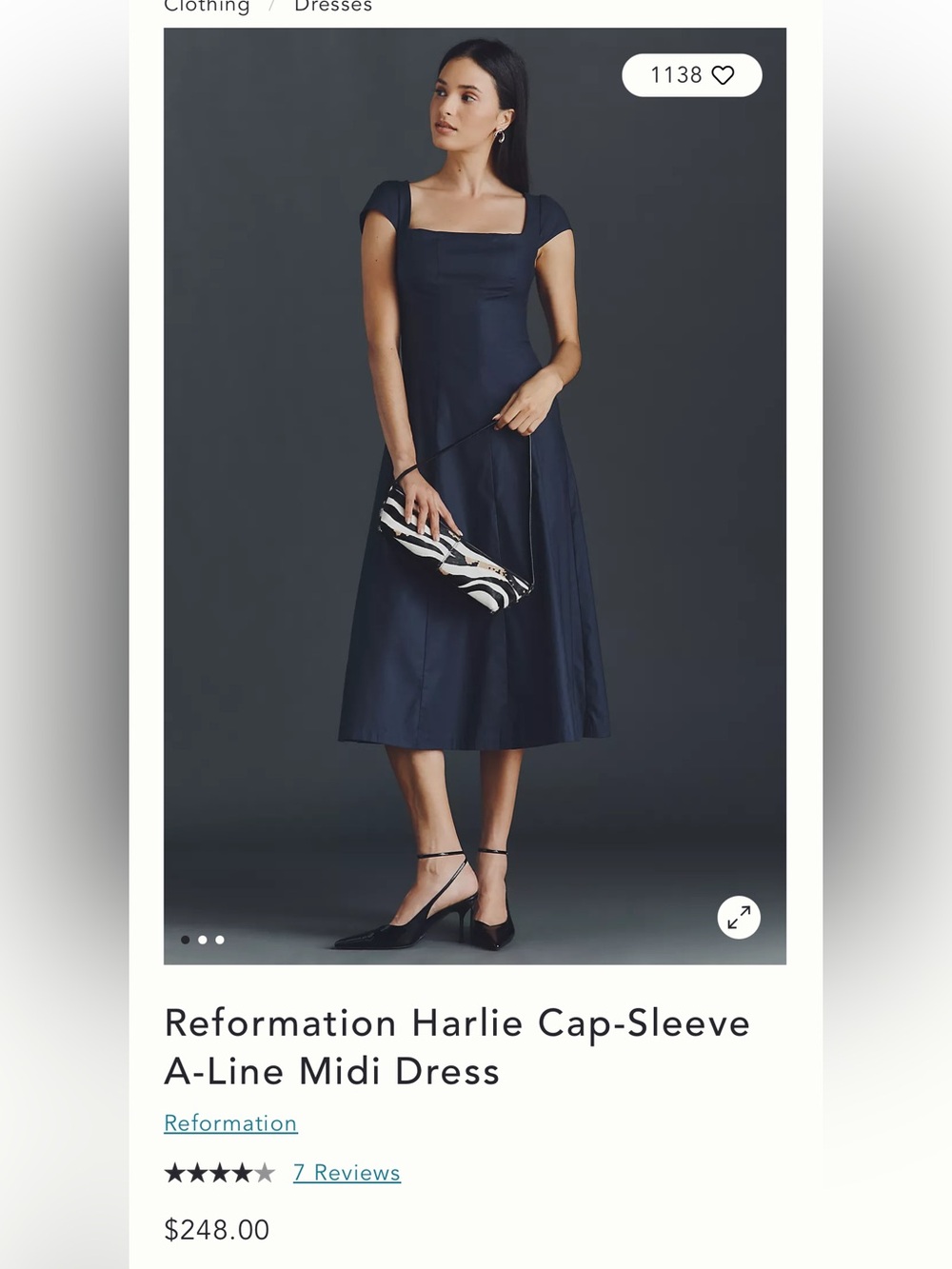 Reformation Harlie Cap-Sleeve Navy Midi Dress | NWT